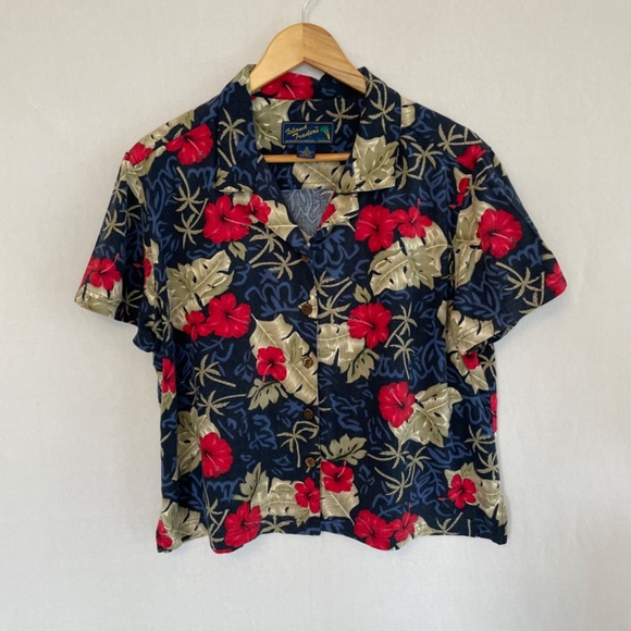 Island Traders Hawaiian Cropped Camp Shirt Red Hibiscus on Blue Size XL - Picture 7 of 7
